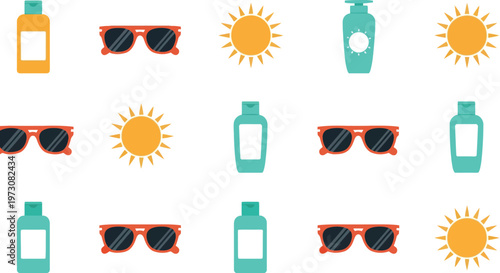 Summer vector pattern with sunglasses, sunscreen bottles, and sun icons on white background