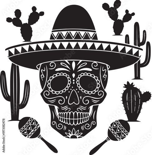 Mexican sugar skull with sombrero, maracas, and cactus silhouettes, dia de los muertos theme, festive celebration on transparent background.