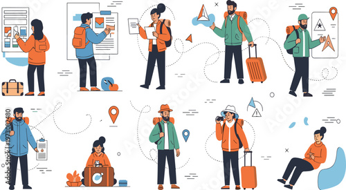 People Traveling with Maps Luggage and Navigation Tools Exploring Destinations and Planning Trips in Modern Flat Cartoon Style Illustration Set.