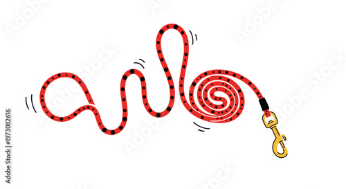 Long red dog leash with black spots coiled into a spiral with a golden clip shown on an isolated white background.