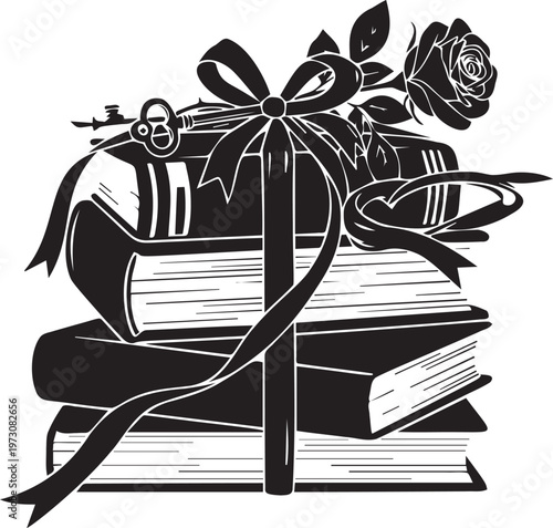 Stack of antique books tied with ribbon and bow, decorated with rose and vintage key for knowledge and learning.