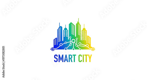 Illustration of a smart city logo with buildings and a connected network in blue green and yellow ai generated