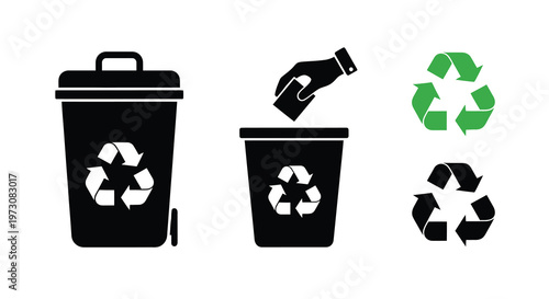 Recycling concept hand dropping waste into a trash bin with recycle symbols