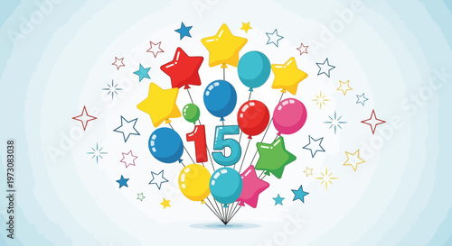 Colorful balloons and stars celebration graphic.