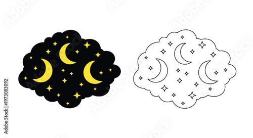 Two cloud shapes featuring crescent moons and stars in differing styles