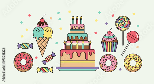 Colorful sweets and desserts illustration.