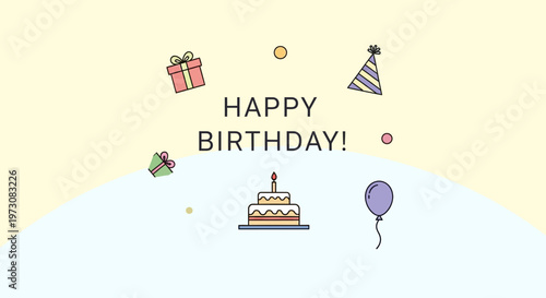 A festive illustration celebrating a birthday with cake and decorations.