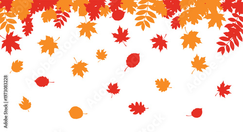 Falling autumn leaves in vibrant shades of red and orange on white