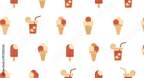 Seamless summer ice cream and soda vector pattern in retro colors for food packaging