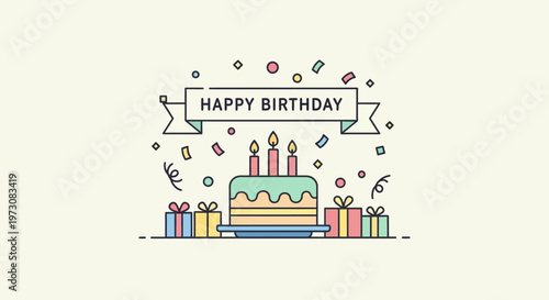A colorful illustration of a birthday cake with presents and confetti.