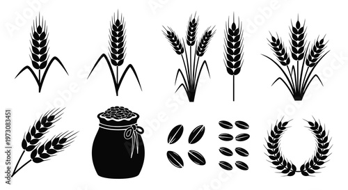 Black and white illustration of wheat stalks grains and a harvest wreath