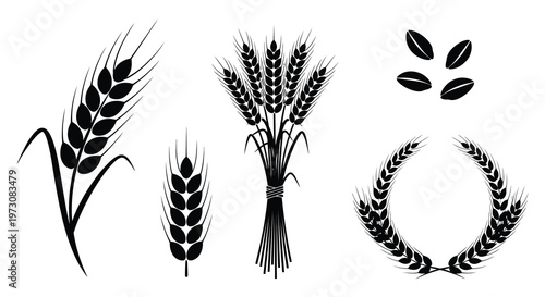 Black and white illustration of wheat stalks grains and a wreath