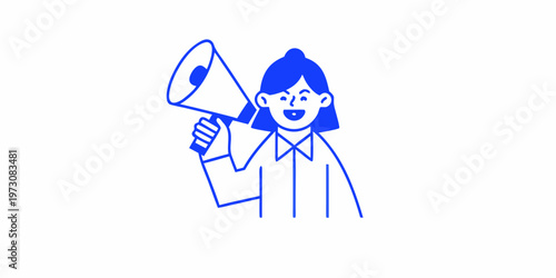 Woman cheerfully announces something using a blue megaphone illustration