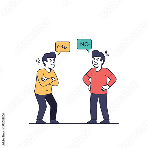 Two men arguing, disagreement, conflict, negative communication, conversation bubbles