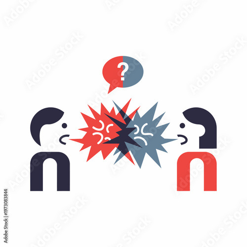 Two people arguing with question marks and angry speech bubbles, concept of conflict and misunderstanding