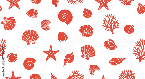 Seamless Red Sea Shells Vector Pattern with Starfish and Coral on White Background