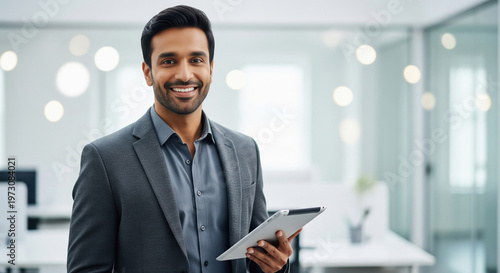 Smiling Man in Modern Office Holding Tablet