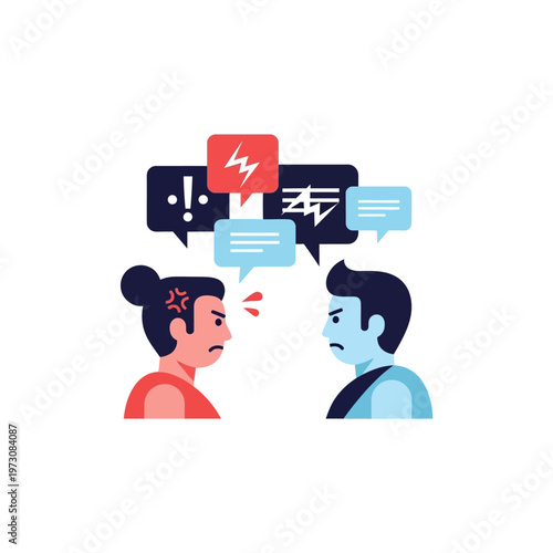 Angry Couple Arguing With Speech Bubbles, Conflict and Disagreement Concept