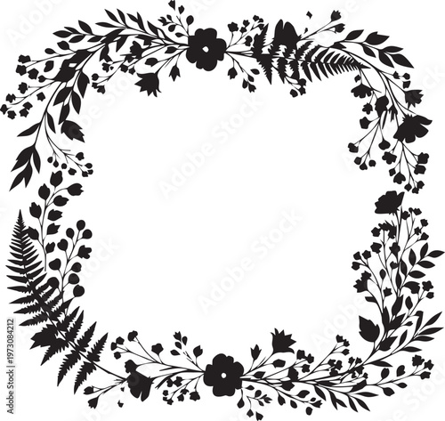 Decorative floral wreath frame with delicate leaves and flowers, elegant botanical element for design and invitations, nature inspired border.