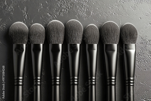 Top view. Set of black makeup brushes. Symbolizing sophistication and style. Professional makeup artists. Makeup brand.