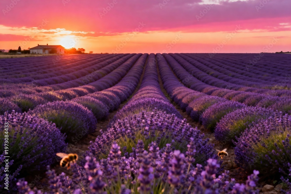 Fototapeta premium Lavender Fields Under Vibrant Summer Sunset Sky With Rows Of Purple Flowers high resolution commercial stock image variation 57 siyam