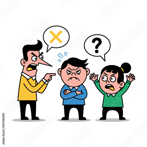 Angry Father Scolding Two Children, Family Conflict, Misunderstanding, Disagreement