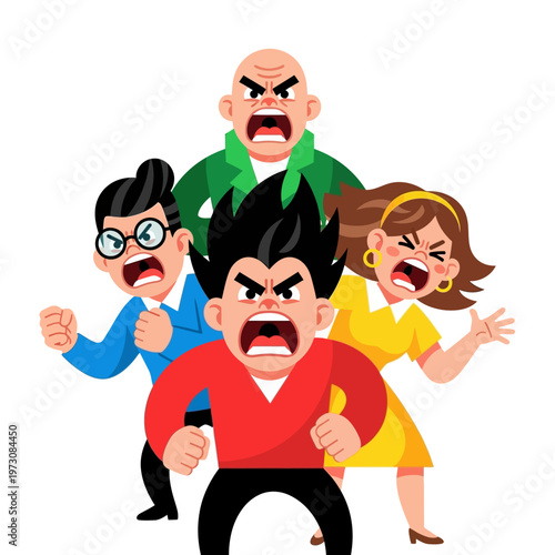 Angry Group of People Shouting and Gesturing, Expressing Rage and Frustration