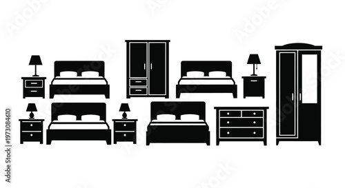 Black silhouette icons depicting bedroom furniture arrangements and interior design