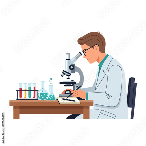 Scientist in Lab Coat Using Microscope, Conducting Research with Test Tubes
