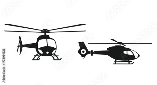 Two black silhouette helicopters shown in distinct side and front views