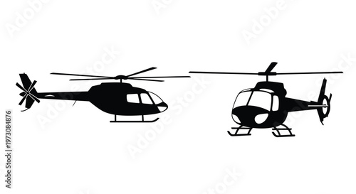 Two black silhouettes of helicopters in different orientations are displayed