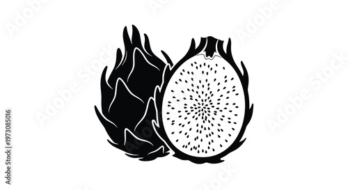 A black and white illustration of a dragon fruit whole and sliced
