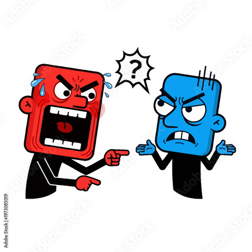 Angry red man shouting at confused blue man, conflict and disagreement concept illustration