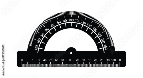 Black protractor with degree markings and ruler base illustrated on white