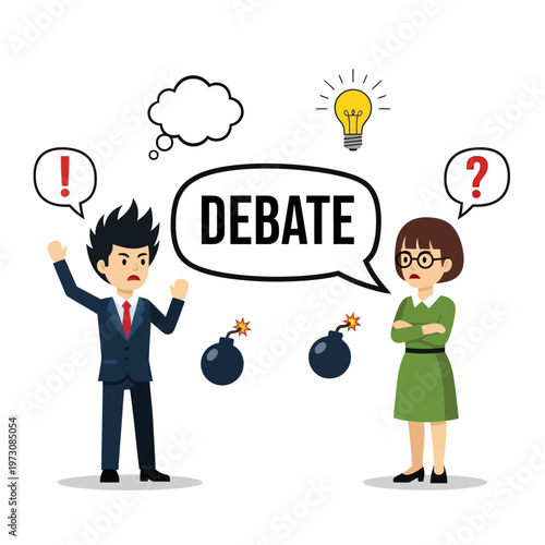 Business Debate: Two people arguing with bombs and lightbulb idea, vector illustration