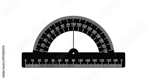 A black protractor with degree markings and a ruler at its base