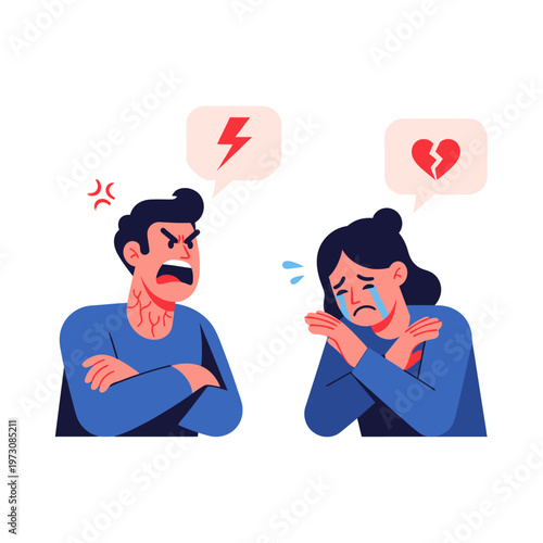 Couple arguing: man angry, woman crying with broken heart symbol