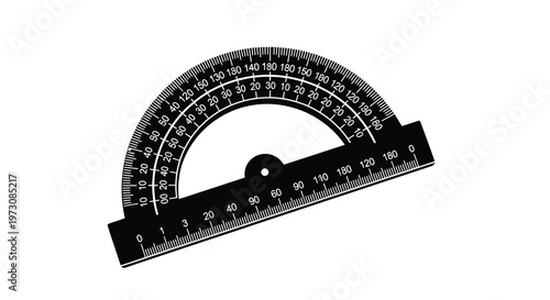 A black protractor with degree markings displayed on a white background