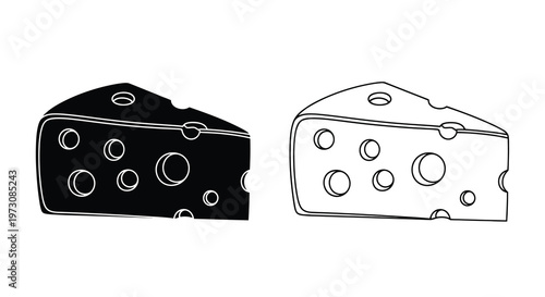 Two swiss cheese wedges one black and one white illustrated in outline
