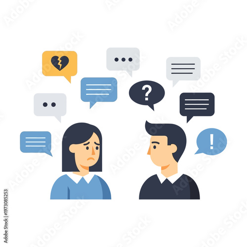 Couple arguing with speech bubbles: heartbreak, question, exclamation, and chat icons