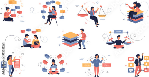 People Managing Tasks and Balancing Workload with Productivity Time Management and Organization Concepts in Modern Flat Cartoon Style Illustration Set.