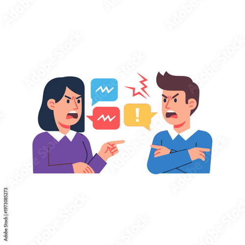 Couple Arguing, Angry Woman Pointing Finger at Man, Conflict, Disagreement, Speech Bubbles