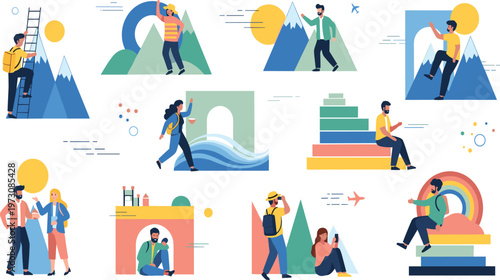 People Hiking Climbing and Exploring Nature Landscapes with Mountains Adventure Travel Activities in Modern Flat Cartoon Style Illustration Set.