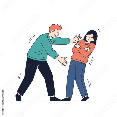 Couple arguing, man pushing woman away, relationship conflict, emotional distress, domestic dispute illustration
