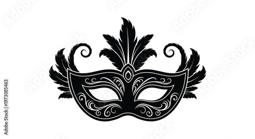 Elegant black venetian mask with ornate feather and swirl details