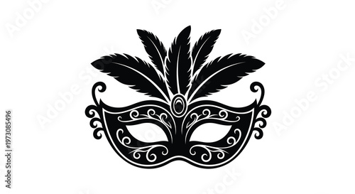 Elegant black venetian mask with feather embellishments isolated on white