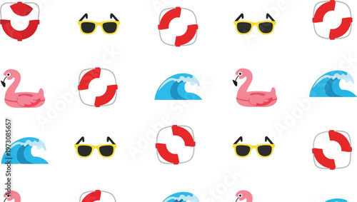 Summer beach elements seamless vector pattern with flamingo, sunglasses, waves, and lifebuoy