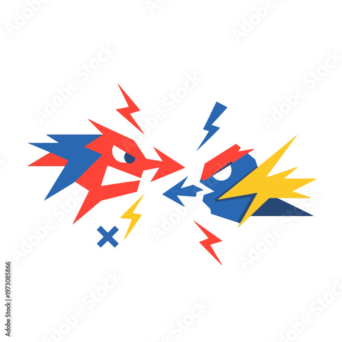 Rivalry concept: two stylized cartoon heads clashing with lightning bolts and arrows