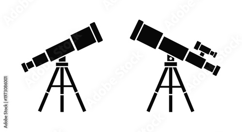 Two black silhouettes of telescopes on tripods differing in detail