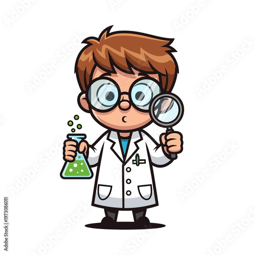 Curious Cartoon Scientist Kid with Magnifying Glass and Flask